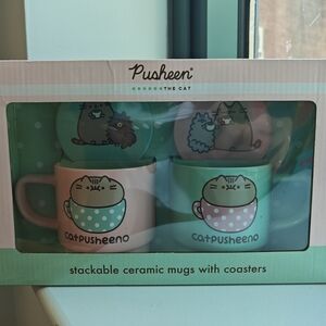 Pusheen Mint and Pink Stackable Mugs with Coasters